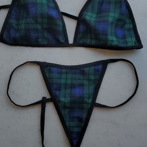 Matching triangle shaped Bra and G-string, green and navy plaid, new